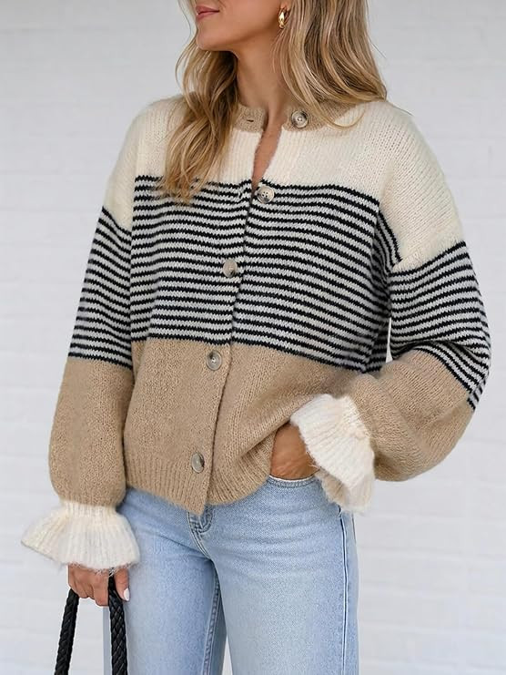 Saodimallsu Womens 2026 Fall Trendy Striped Cardigan Sweaters Ruffle Sleeve Button Up Loose Color... | Amazon (US)