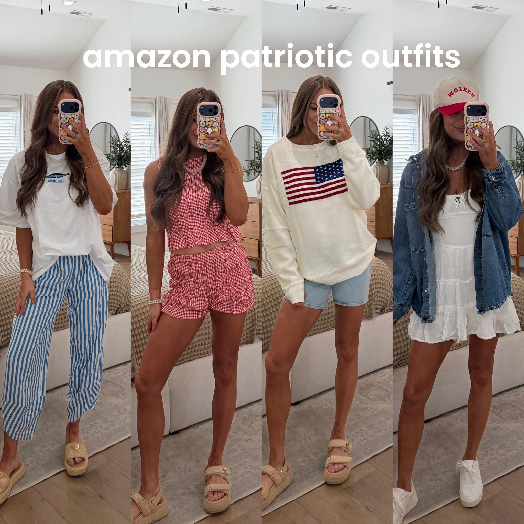 Fourth of July patriotic outfit inspo ideas red white blue memorial day patriotic cute comfy casual Amazon prime haul flag sweater