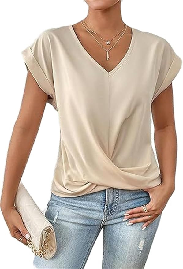 Women's Casual Top Short Sleeve Twist Knot Shirts Slim Fit V Neck T Shirt Tops | Amazon (CA)