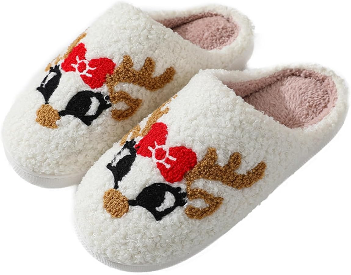 Christmas Slippers For Women Men Soft Plush Warm Slip-On Slippers Comfy Fur Lined House Slippers | Amazon (US)