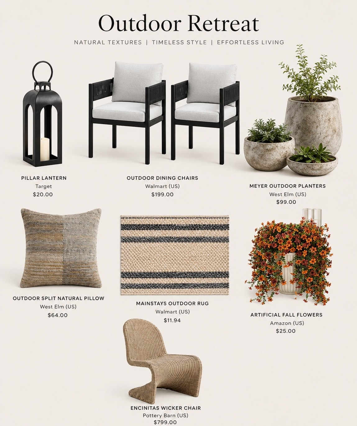 Outdoor Retreat Finds

These outdoor finds feel so high-end without the luxury price tag. I’m loving the mix of warm textures, woven details, oversized lanterns, and organic planters for creating that cozy resort-style patio look this season. The black and neutral combo keeps everything timeless and easy to layer year after year.

#LTKSeasonal #LTKHome