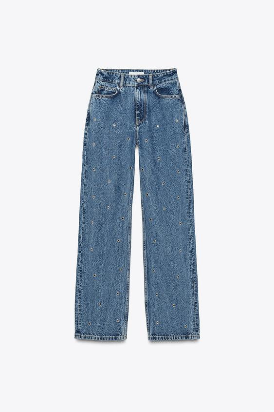 Z1975 HIGH-WAISTED STRAIGHT LONG LENGTH EYELET JEANS | Zara US