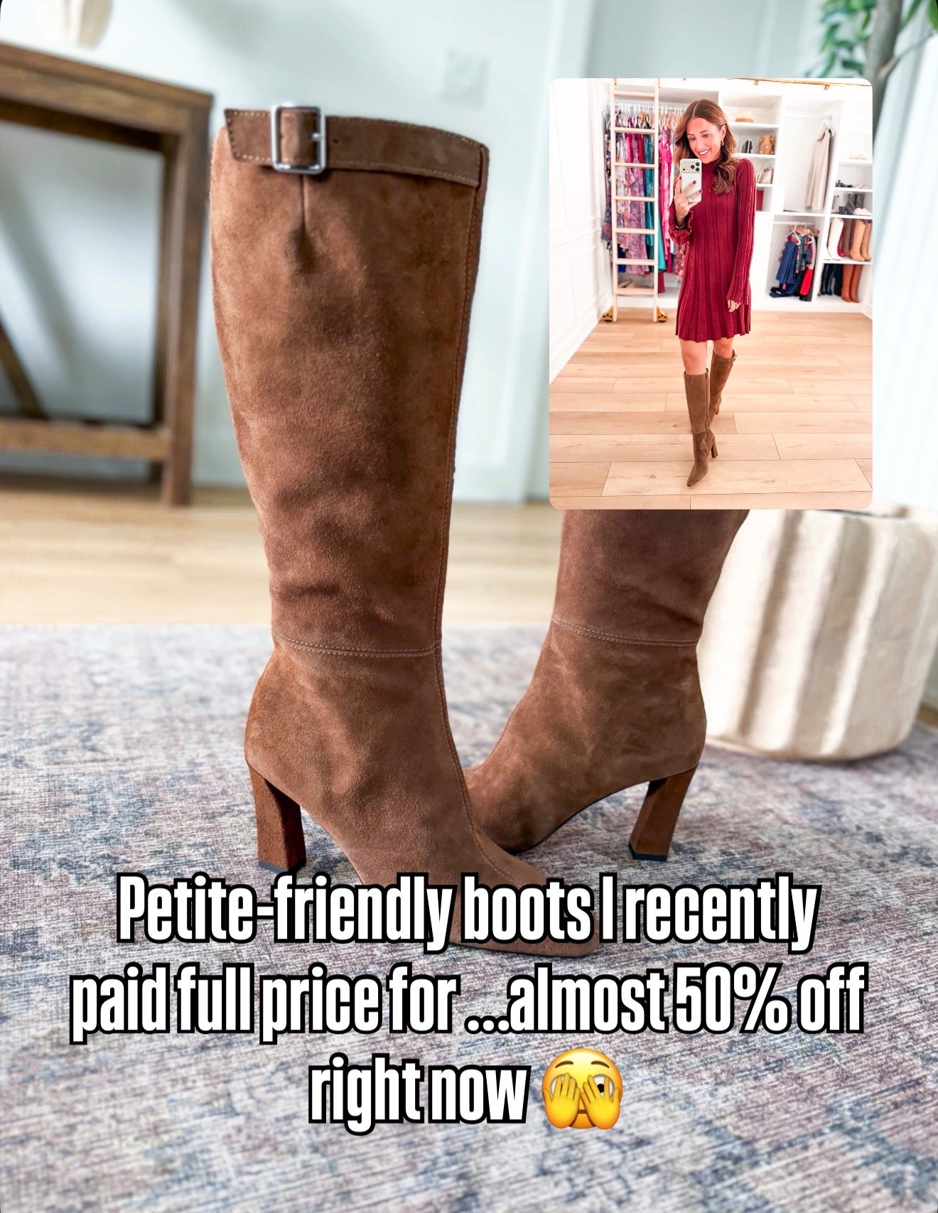 My knee high boots are almost 50% off! Petite-friendly and super comfortable. Fall outfits. Fall style. Thanksgiving outfit. I went up half a size to make room for socks.