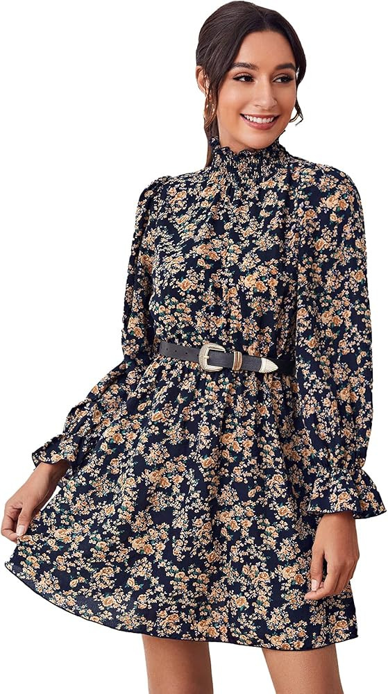 Floerns Women's Floral Print Stand Collar Long Sleeve Ruffle Hem Short Dress | Amazon (US)