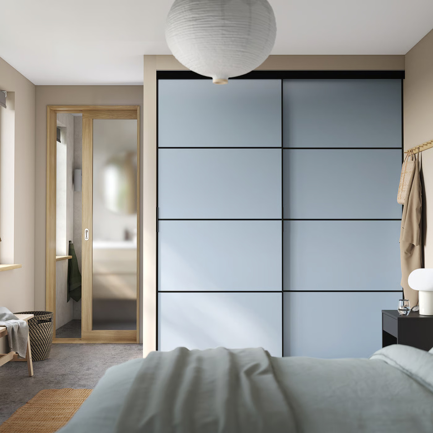 IKEA SKYTTA / AURDAL walk-in wardrobe with sliding doors, black dark gray/Mehamn light blue, 79 1/2x45 1/4x94 1/2 | IKEA US
