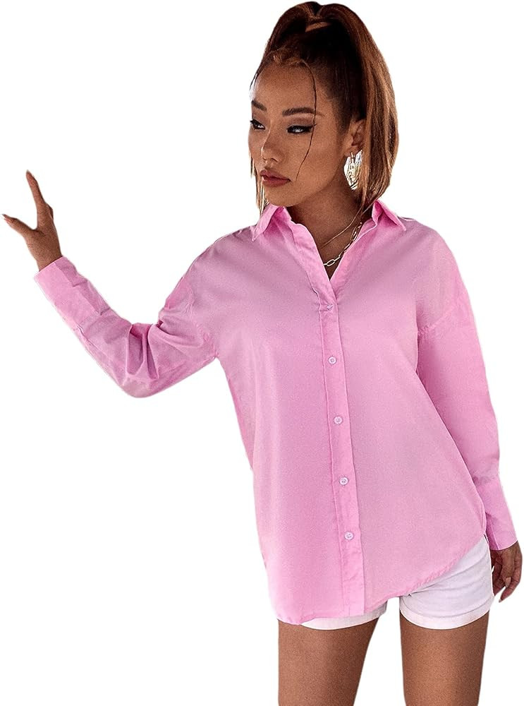 MakeMeChic Women's Solid Drop Shoulder Button Up Long Sleeve Blouse Top | Amazon (US)