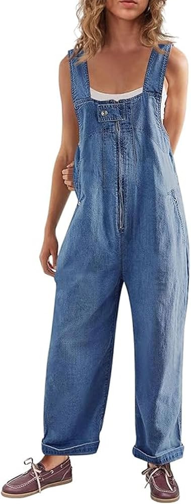 loveimgs Women Adjustable Strap Denim Bib Overall Zip Up Wide Leg Barrel Jeans Casual Baggy Overa... | Amazon (US)