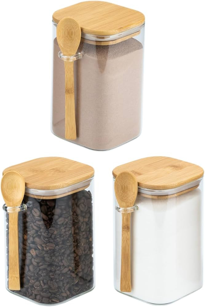 Set of 3 Square Glass Food Storage Containers With Bamboo Lids & Spoons – Decorative Airtight 4... | Amazon (US)