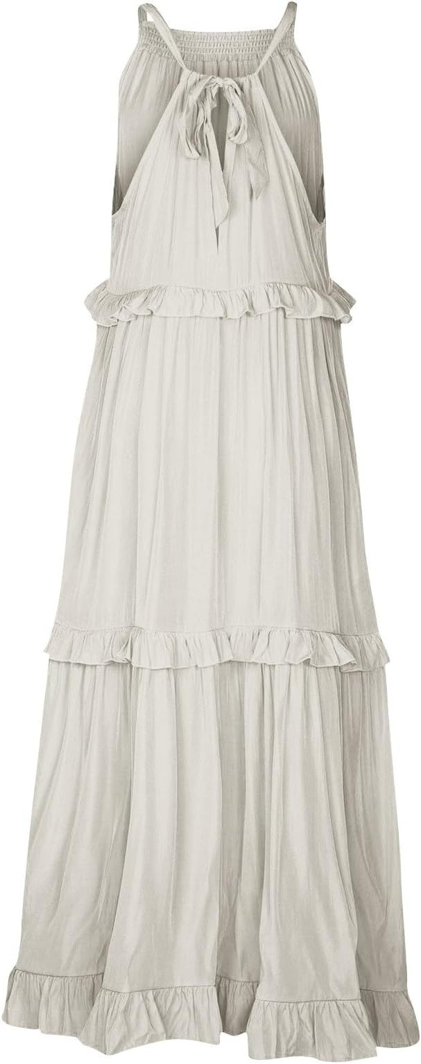 Smocked Dress Women Summer Sleeveless Tank Sundress Halter Tie Back Loose Flowy Ruffle Maxi Dress... | Amazon (US)