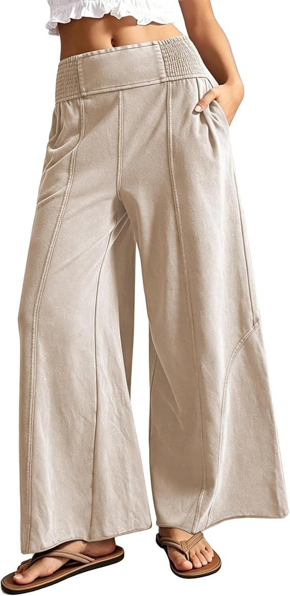 Womens Wide Palazzo Leg Pants Casual High Waist Suede Trousers with Pockets for Daily Vacation | Amazon (US)