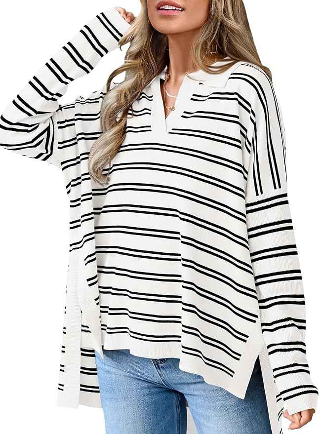 MASCOMODA Womens Sweaters Fall 2024 Oversized Striped Sweater Long Sleeve Polo V Neck Loose Side ... | Amazon (US)