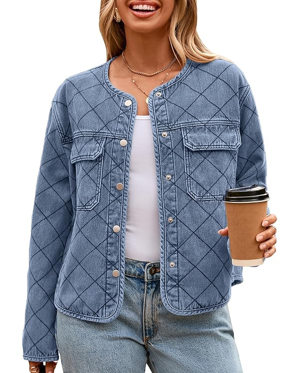 Glamaker Jean Jacket Women Denim Long Sleeve Button Down Diamond Quilted Lightweight Jackets Fall... | Amazon (US)