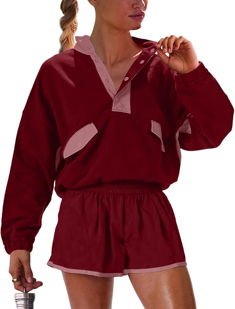 UNIANKIYA Womens Two Piece Matching Sets Long Sleeve Top Short Set with Pockets Casual Workout Lo... | Amazon (US)