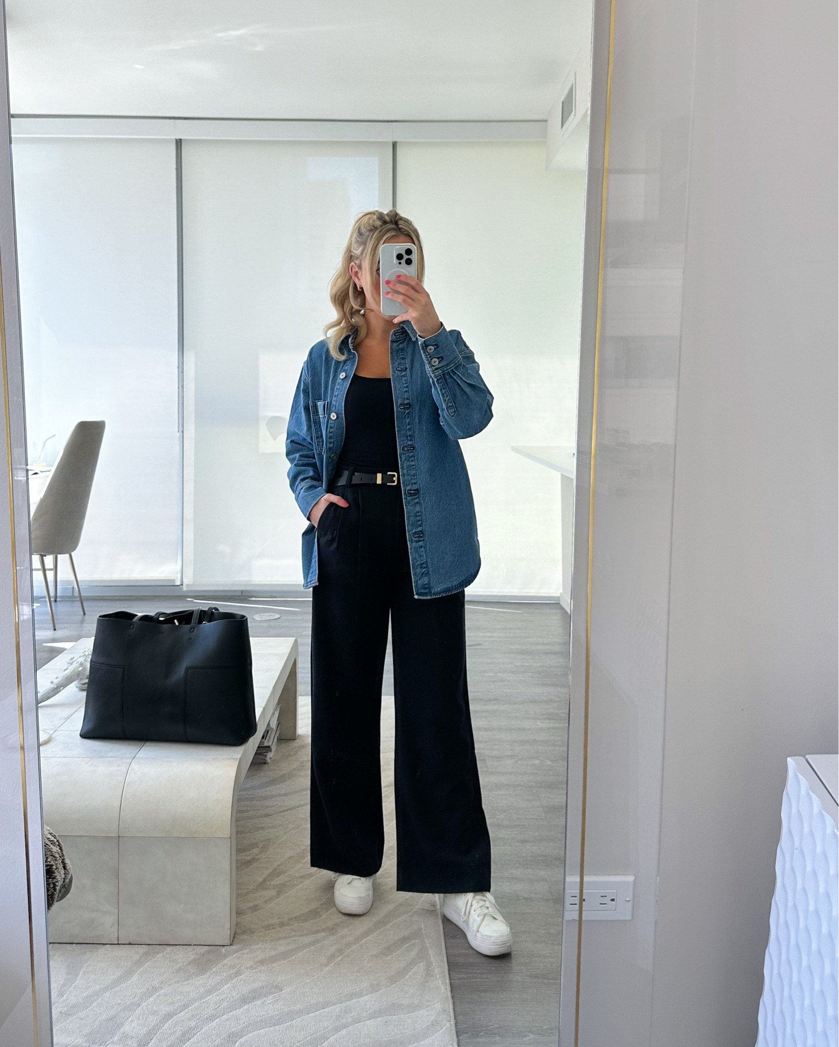 Casual Workwear Outfit Inspo featuring black trousers- 
• you can even swap out the denim shirt for an unbuttoned cardigan I linked a few options to complete the look 


ootd style fashion, workwear, office outfit, petite pants, trousers, white sneakers, casual office outfit, fall workwear, Chicago fashionn

#LTKWorkwear #LTKPetite #LTKFindsUnder100