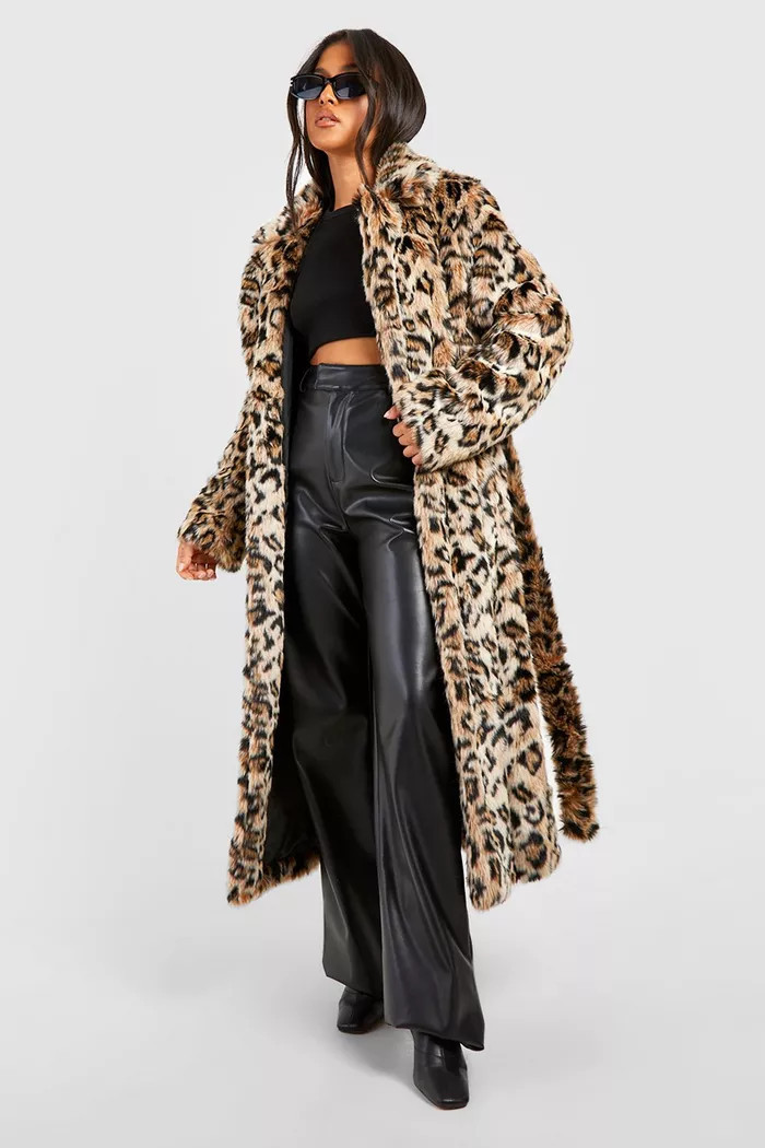 Petite Belted Leopard Faux Fur Maxi Coat | boohoo (US & Canada)