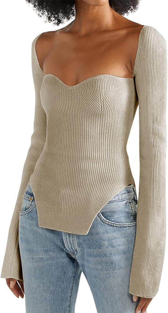 ACOSAP Women's Square Neck Ribbed Knitted Sweater Long Sleeve Crop Slim Fitted Basic Pullover Top... | Amazon (US)