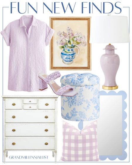 Grandmillennial classic home decor spring lilac top artwork from Anthropologie white French chest scalloped mirror Love Shack Fancy tufted ottoman Pottery Barn purple checked pillow lamp 

#LTKhome #LTKstyletip