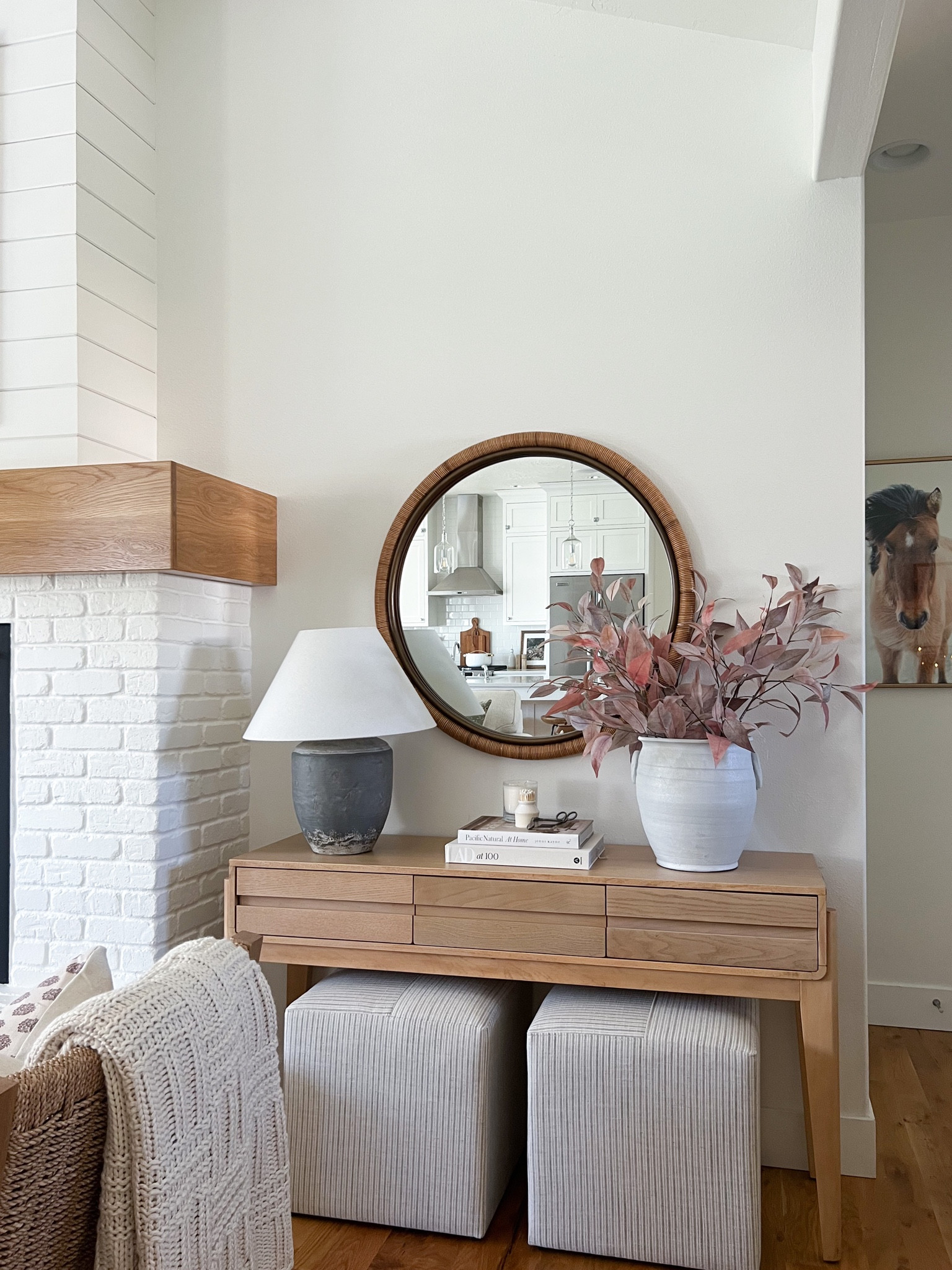 Fall decor, Target Studio McGee, upholstered ottomans, table lamp, fall stems, wood console table, blankets, 

#LTKsalealert #LTKhome #LTKSeasonal