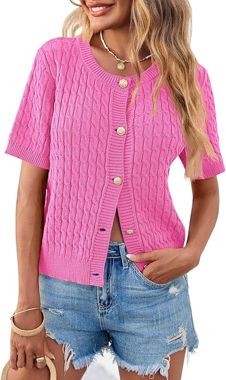 Saodimallsu Womens Summer Short Sleeve Cardigans Cable Knit Cropped Button Down Crewneck Lightwei... | Amazon (US)