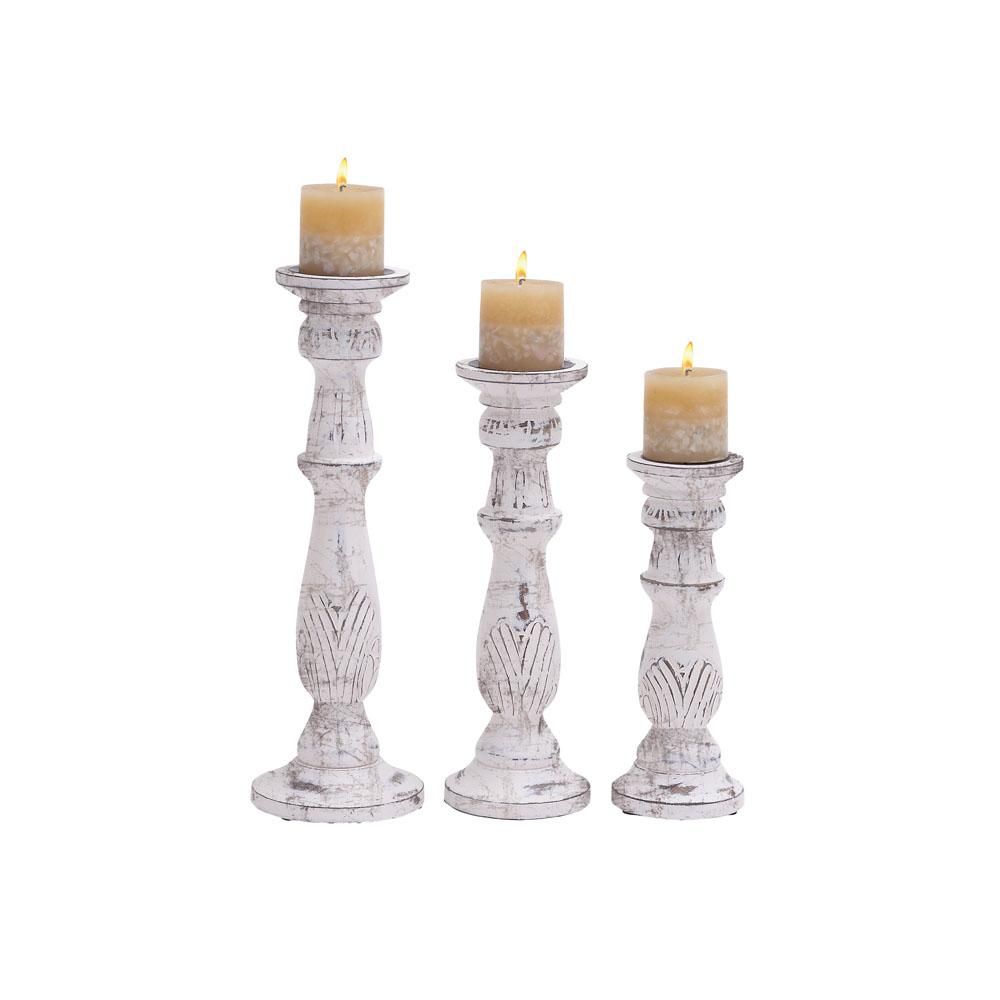 Litton Lane Distressed White Mango Turned Wood Style Post Candle Holders with a Wood-Carved Design ( | The Home Depot