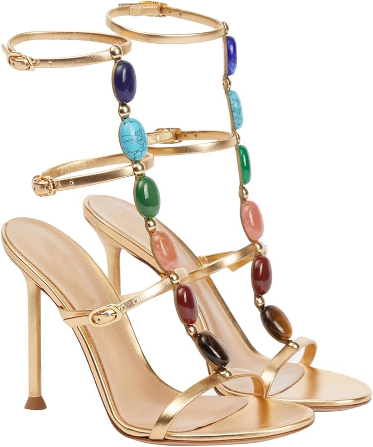 Women's Jeweled Stone Gladiator Sandals T strap Buckle Trio Sandals Stiletto High Heel Ankle Stra... | Amazon (US)