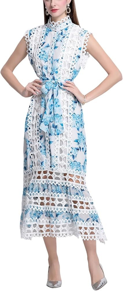 Women Lace Hollow Out Dress Party Midi Casual Sleeveless Button High Neck Dresses with Belt | Amazon (US)