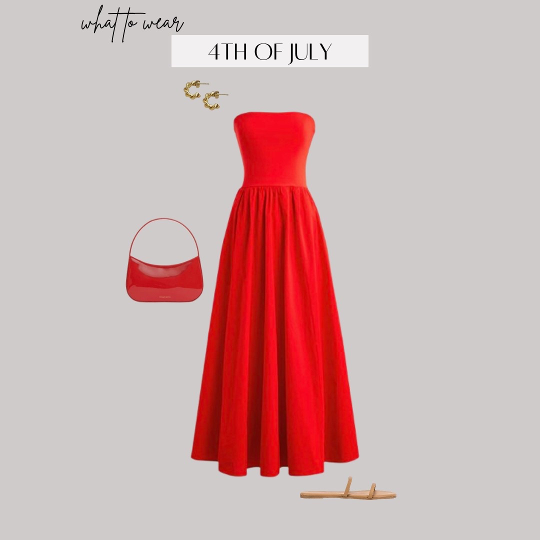 Fourth of July Outfit Idea: Whether you're soaking up the sun on a boat, grilling at a backyard BBQ, or watching fireworks this red, white, and blue look keeps you stylish and comfy all day long.

Ootd style fashion, red dress, summer outfit, Jcrew, red bag, leather sandals, gold hoop earrings, 4th of July, 

#LTKParties #LTKStyleTip
