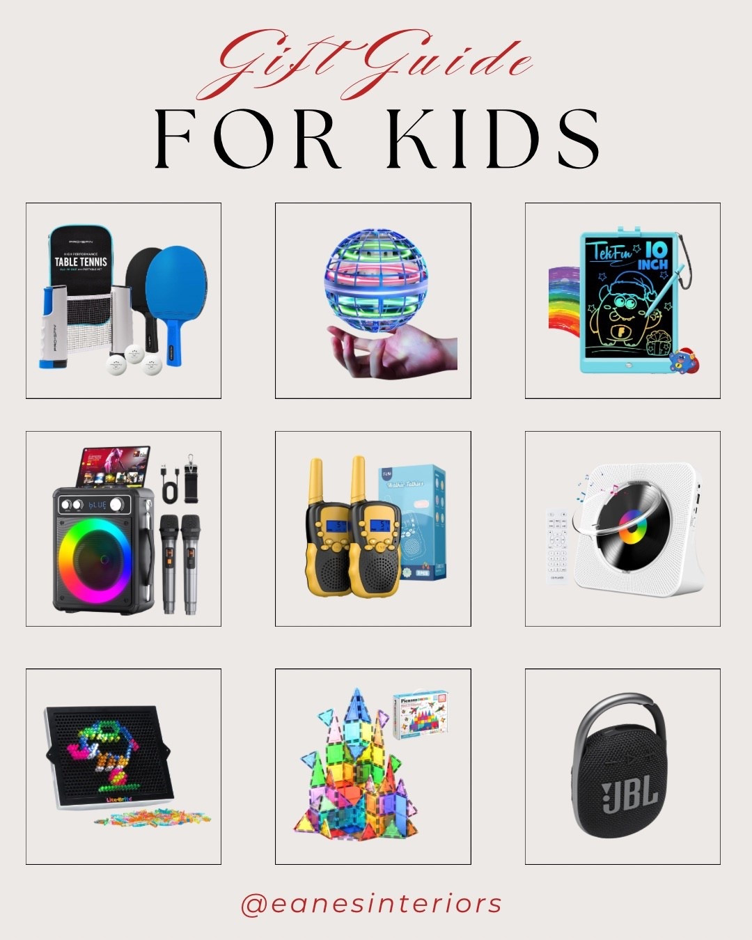 The ultimate Gift Guide for Kids 🎁✨ Packed with fun, creative, screen-free favorites they’ll play with all year long!

From the table tennis set, hover ball spinner, and LCD drawing tablet, to the kids karaoke machine, walkie-talkies, CD player, Lite-Brite board, magnetic tiles, and the kid-friendly JBL speaker — these gifts are guaranteed hits for every age. 🎄💛

#KidsGiftGuide #GiftGuideForKids #HolidayGiftsForKids #KidsToys #LTKHoliday #LTKGiftGuide #HoverBall #LCDDrawingTablet #WalkieTalkies #KaraokeMachine #MagneticTiles #LiteBrite #JBLSpeaker #TableTennisSet #eanesinteriors


#LTKHoliday #LTKGiftGuide #LTKKids