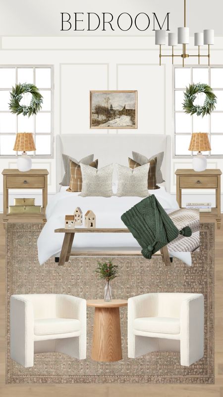 Christmas bedroom mood board inspo featuring the best selling bed from Wayfair. Target home lamps, armchairs, and pedestal table  

#LTKsalealert #LTKhome #LTKHoliday