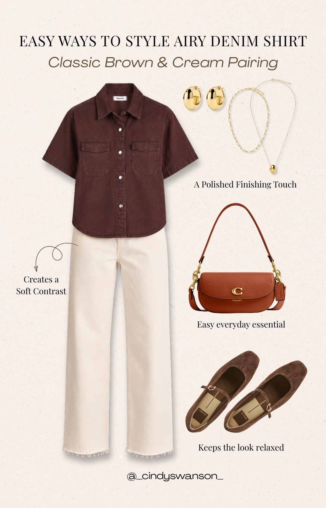 I love the classic brown-and-cream combination here, an easy way to make an airy denim shirt feel polished without trying too hard. The cream jeans, warm brown accessories, and gold jewelry keep the look timeless and easy to wear.

#LTKootd #LTKOver40 #LTKTravel
