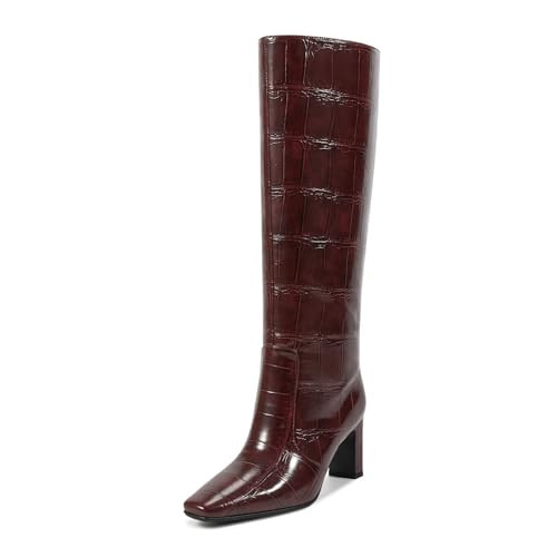 wetkiss Burgundy Boots Straight Leg Knee High Boots for Women Block Heels Regular Calf Square Toe Stone Burgundy Size 9.5 | Amazon (US)