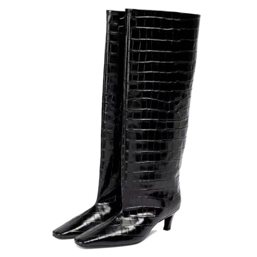 Beauty Cry Crocodile Black Knee High Boots Women Square Toe Low Kitten Heel Tall Boots | Amazon (US)