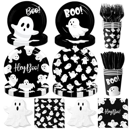 Halloween Paper Plates and Napkins, 144Pcs Black Ghost Plates and Napkins Cute Boo Ghost Tableware Set for Halloween Birthday Party Decorations Boo Baby Shower Party Supplies (Black) | Amazon (US)