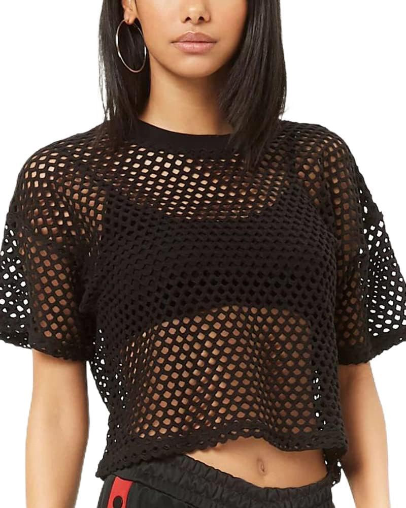 CLOZOZ Women's Mesh Crop Top See Through Fishnet Shirt Crew Neck Sheer Cover Up | Amazon (US)