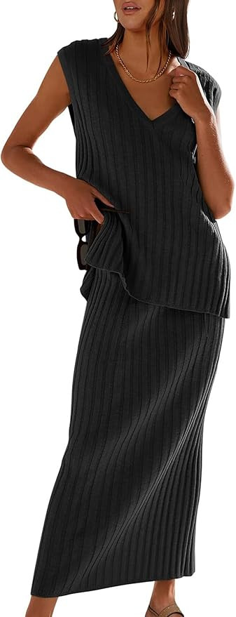 Women's Crochet Skirt Set V-Neck Fashion Suit Color Knit Skirt Summer Sleeveless Street Style Ens... | Amazon (US)