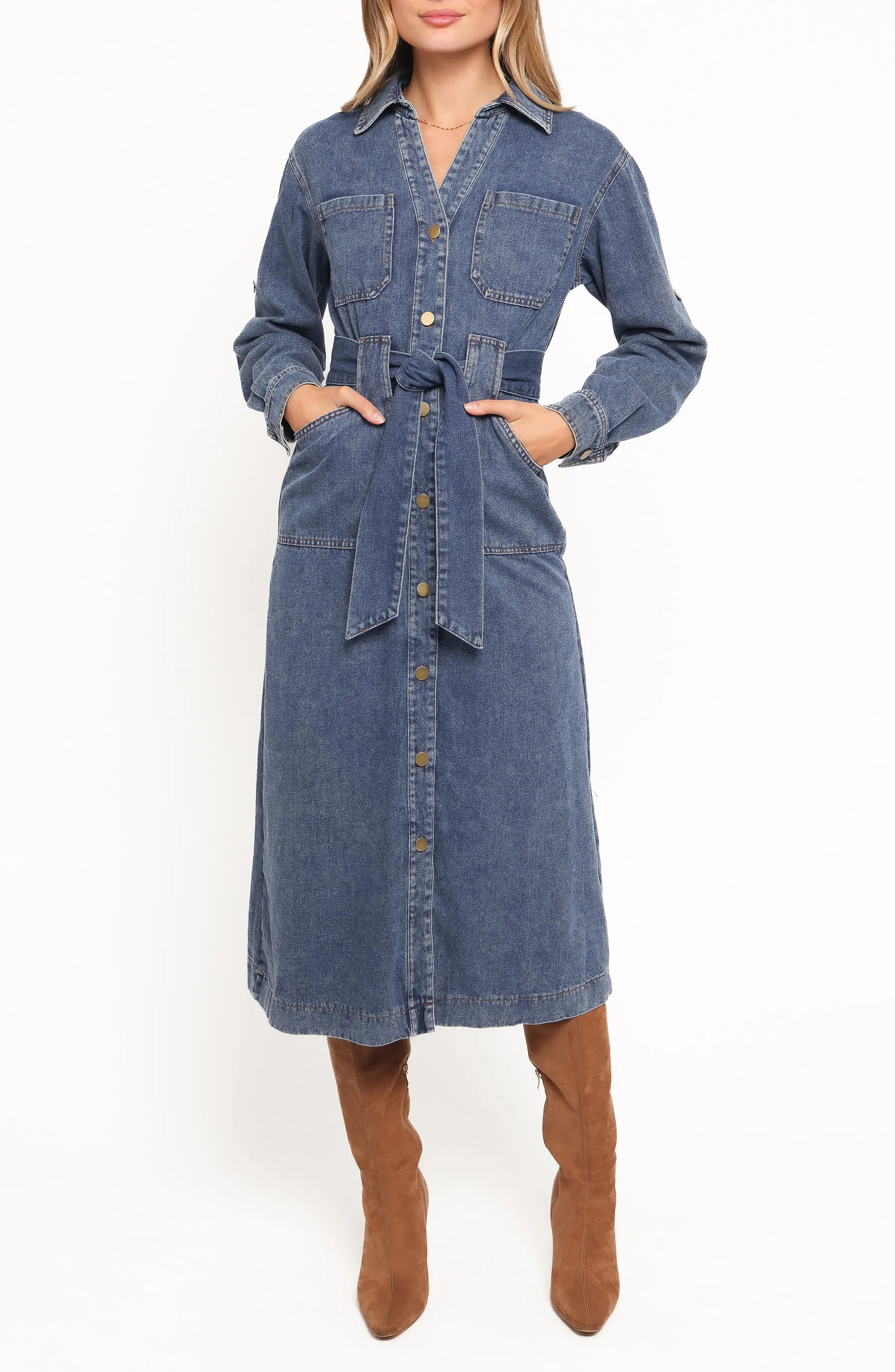 Petal & Pup Ballina Tie Waist Long Sleeve Denim Midi Dress (Women) | Nordstrom | Nordstrom