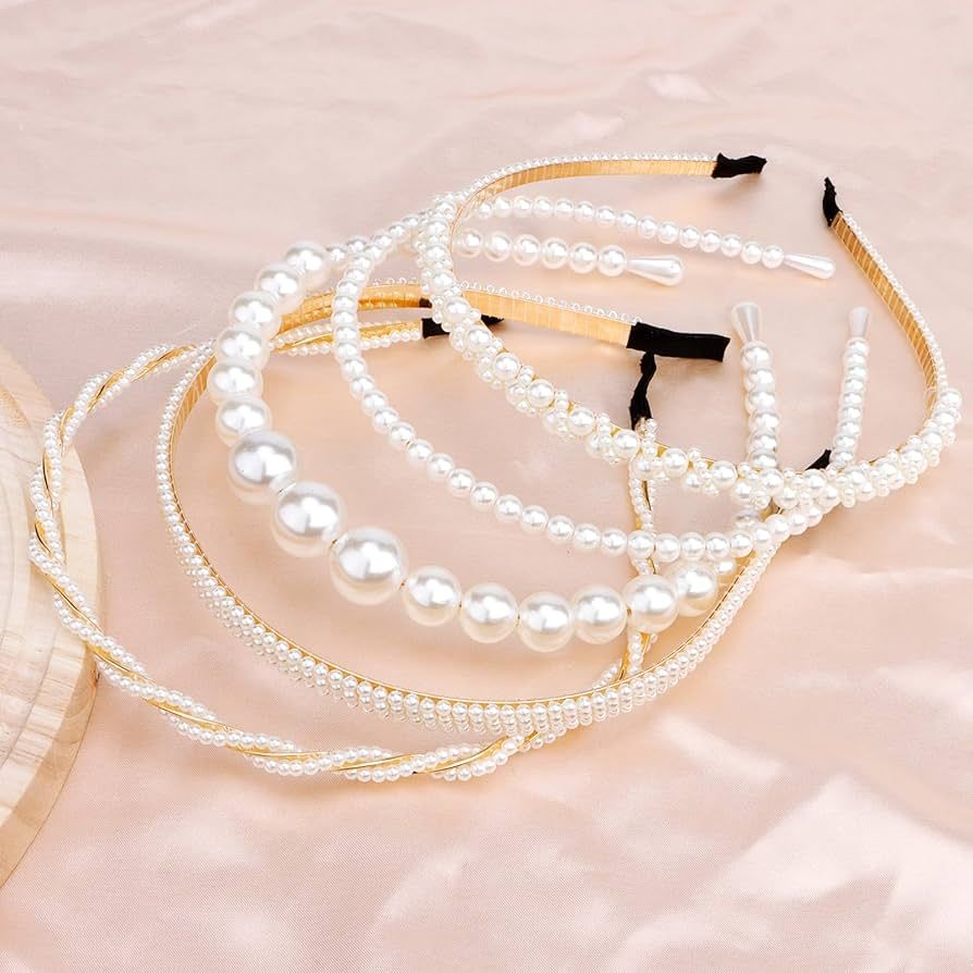 VELSCRUN 5 Pack Pearl Headband Headbands for Women Beaded Headband Non Slip Head Bands Hair Bands... | Amazon (US)