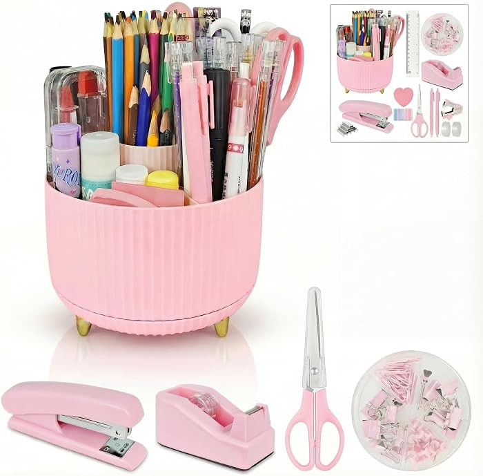 Pink Office Desk Accessories, 15pcs Office Supplies 360\u00b0Pen Holder , Stapler, Staple Remover... | Amazon (US)