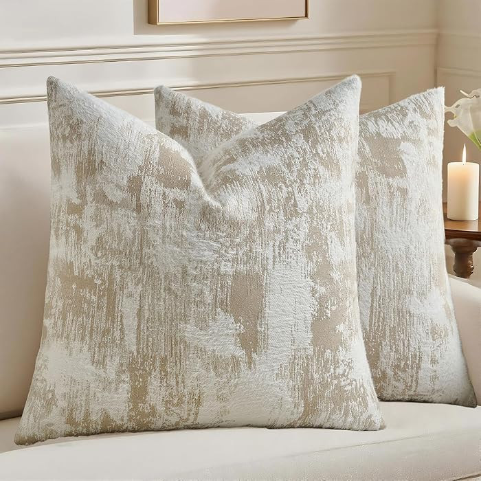 HAUSSY Brown White Throw Pillow Covers 18x18 Set of 2 Neutral Faux Cashmere Jacquard Decorative P... | Amazon (US)