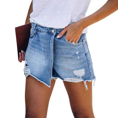 Coolmee Women's Ripped Jean Skorts Stretchy High Waisted Distressed Denim Shorts Comfy Cuffed Baggy Skorts with Pockets Blue L | Target