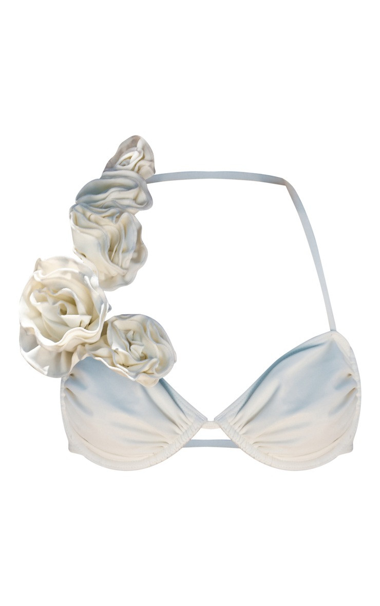 Cream Flower Detail Ruched Underwired Bikini Top | PrettyLittleThing US