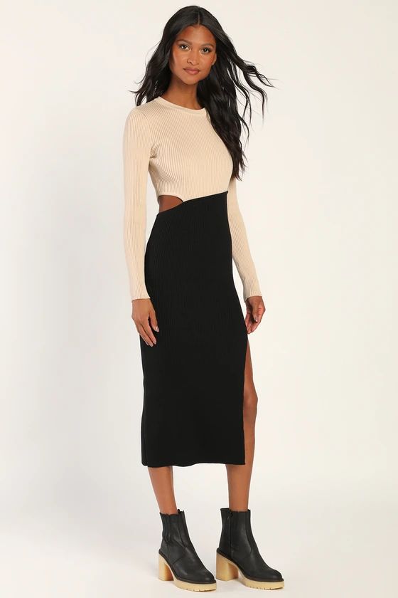 Cutest Combo Beige and Black Color Block Cutout Sweater Dress | Lulus (US)