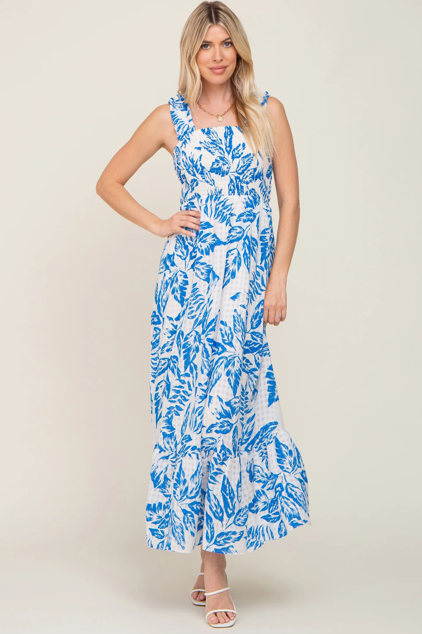 Blue Leaf Printed Smocked Ruffle Maxi Dress | PinkBlush Maternity