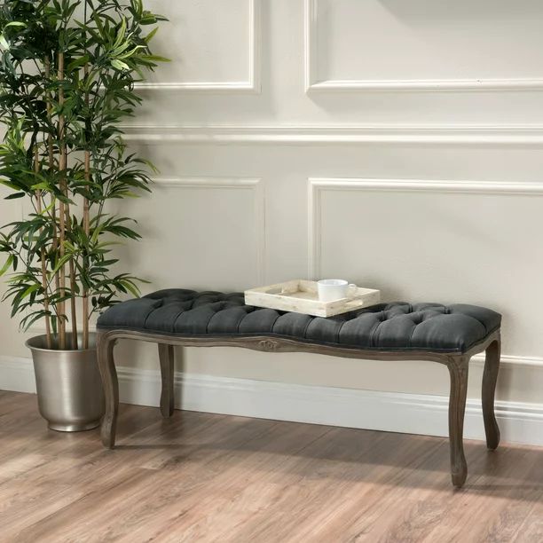 Noble House Talia Traditional Button Tufted Fabric Bench, Natural and Dark Gray - Walmart.com | Walmart (US)