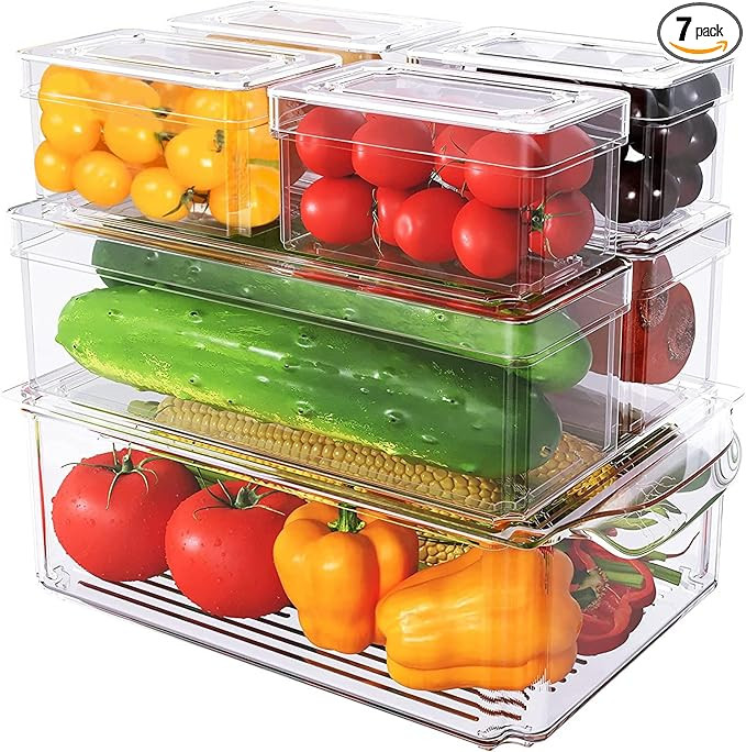 Set Of 7 Stackable Refrigerator Organizer with Lids, Fridge Organization and Storage Clear Contai... | Amazon (US)