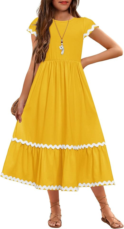Arshiner Girls Summer Maxi Dresses Short Sleeve Casual Flowy Tiered Dress with Pockets for 4-14 Y... | Amazon (US)