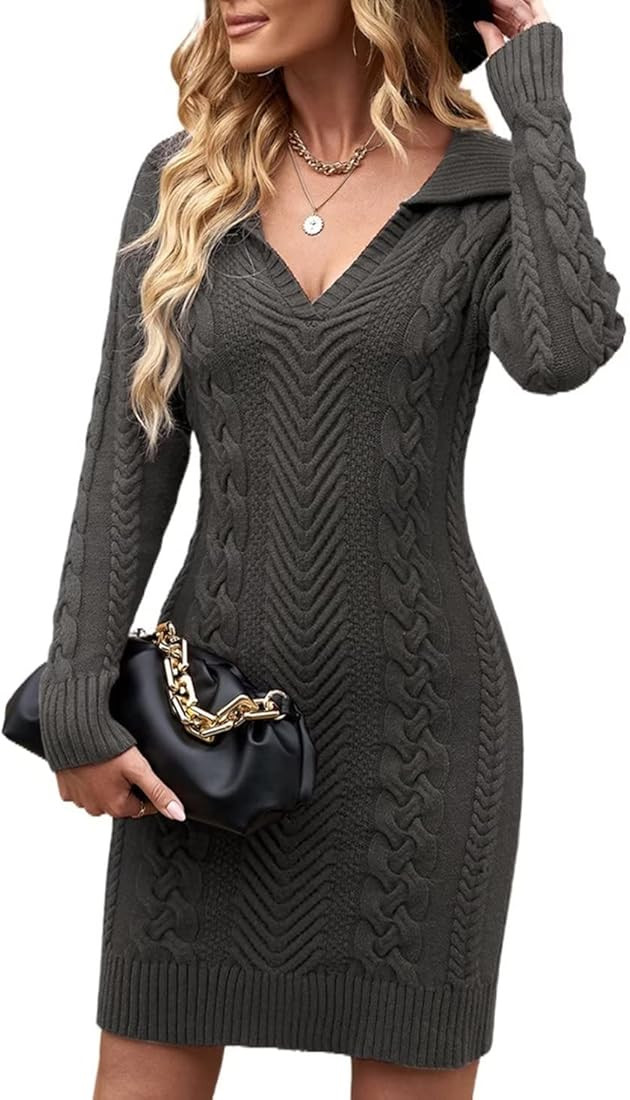 BLENCOT Womens V Neck Elasticity Slim Dress Chunky Cable Knit Pullover Sweaters Jumper S-XL | Amazon (US)