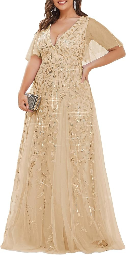 Ever-Pretty Women's Sequin Plus Size Formal Dresses Evening Gown V-Neck Sheer Short Sleeve A-Line... | Amazon (US)