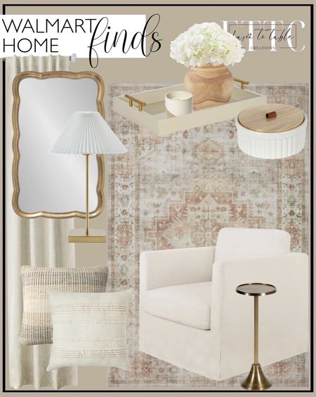Walmart Home Finds. Follow @farmtotablecreations on Instagram for more inspiration.

Home Decor Collection Brass Table Lamp with Pleated Shade, 21"H. Loloi II Heidi Collection HEI-02 Sage / Multi, Oriental Area Rug. Kate and Laurel Lipton Mid Century Modern Decorative Wood Tray with Brushed Gold Metal Handles, Sand Brown. Kate and Laurel Hatherleigh Scallop Mirror. Kate and Laurel Sanzo Transitional Drink Table, 9 x 9 x 23, Gold. Better Homes & Gardens Waylen Slipcover Swivel Chair, Cream, by Dave & Jenny Marrs. Better Homes & Gardens Liam Textured Stripe 24" x 24" Pillow by Dave & Jenny Marrs. Better Homes & Gardens Linen Scented 13.9oz Ceramic Dip Single-Wick Candle by Dave & Jenny Marrs. Better Homes & Gardens White Corded 20" x 20" Pillow. Better Homes & Gardens 12" Artificial Green Eucalyptus in Blown Glass Vase. Better Homes & Gardens 7" Natural Wood Vase by Dave & Jenny Marrs. Better Homes & Gardens 2.5" x 6.18" Ribbed off-White/Cream Ceramic Decorative Container. Hydrangea Silk Flower White 10 Heads Artificial Hydrangea Silk Flowers Head for Wedding Centerpieces Bouquets DIY Floral Decor Home Decoration with Long Stems - White. Living Room Furniture. Living Room Decor. Bedroom Decor. 

#LTKhome #LTKfindsunder50 #LTKsalealert