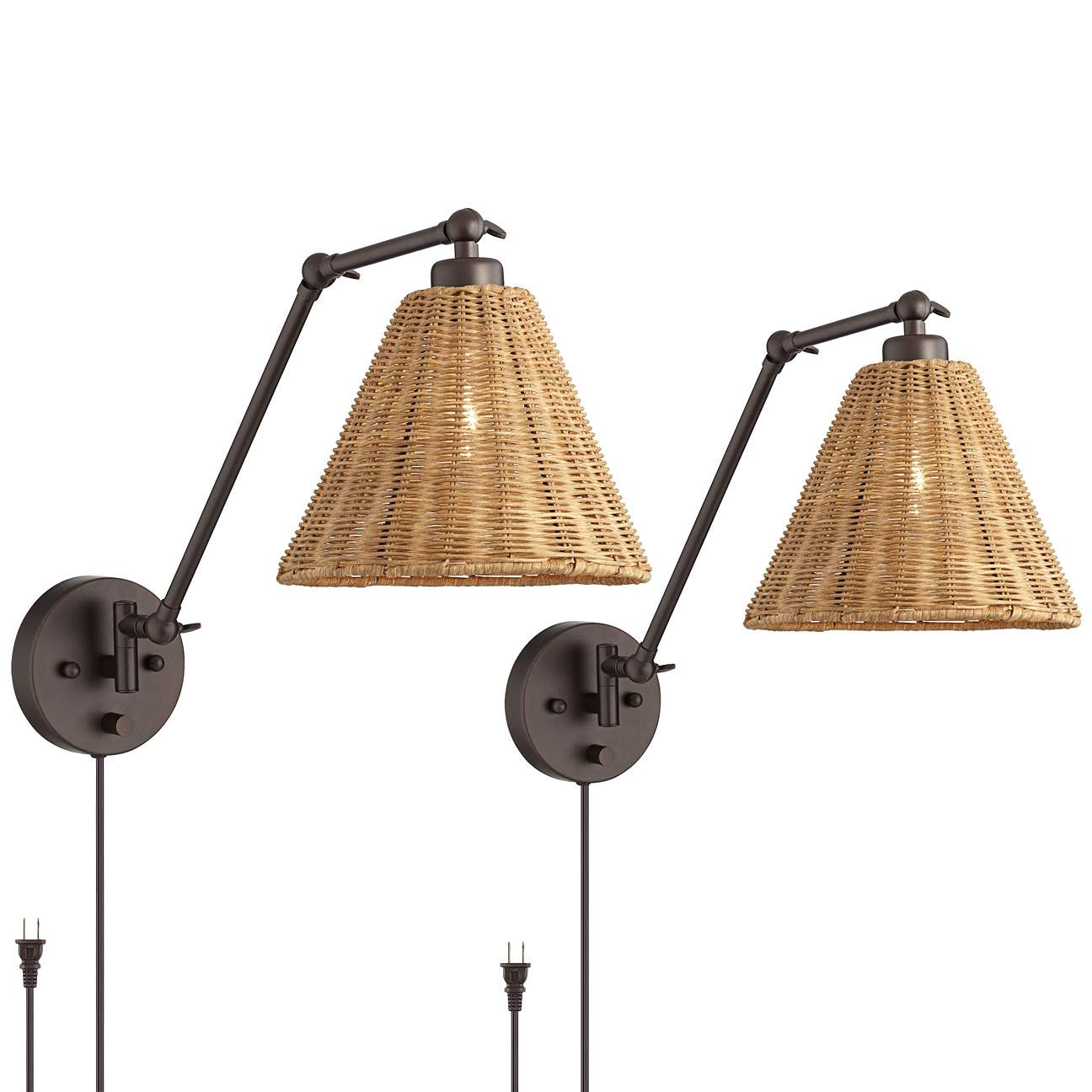 Set of 2 Rowlett Bronze Rattan Shade Plug-In Wall Lamps | Lamps Plus